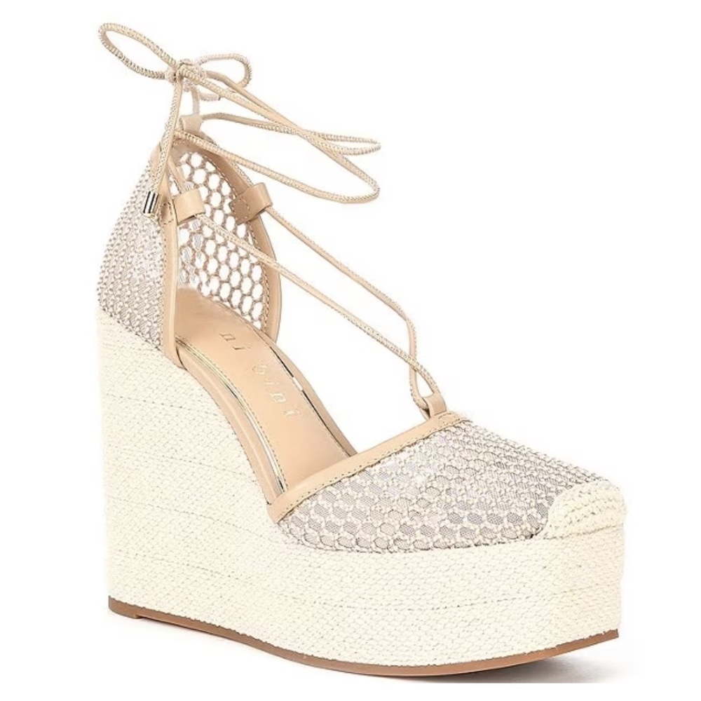 NEW Gianni Bini Santoro Mesh and Leather Ankle Wrap Platform Wedge Espadrilles